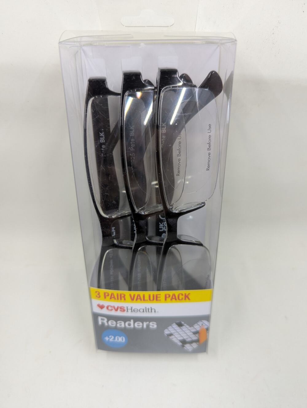 CVS Health reading glasses +2.00 3 pair pack 5013843 new black thin rim